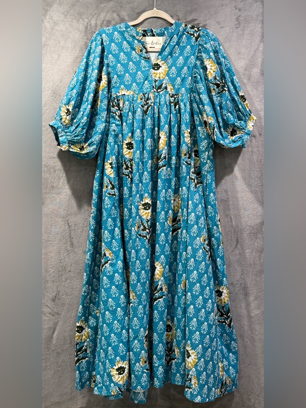 Fox and Hen Blue Floral Print Dress Size M Puff Sleeve Boho Lagenlook Prarie